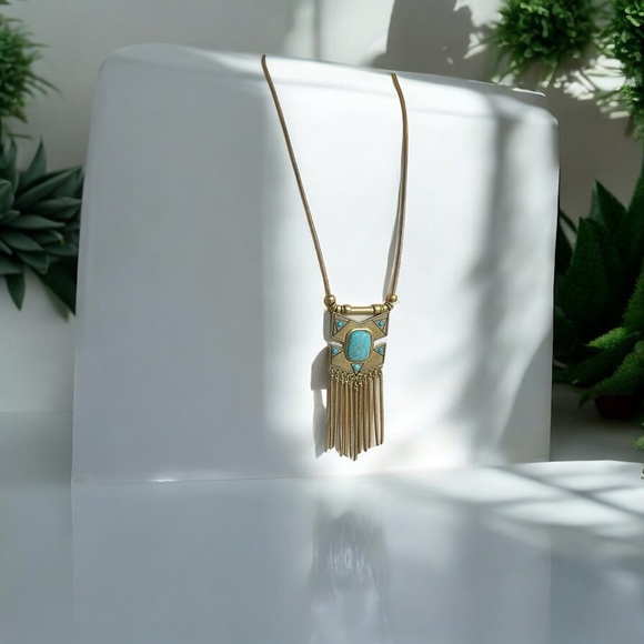 Gold Turquoise Fringe Necklace & Earring Set - Picture 2 of 16